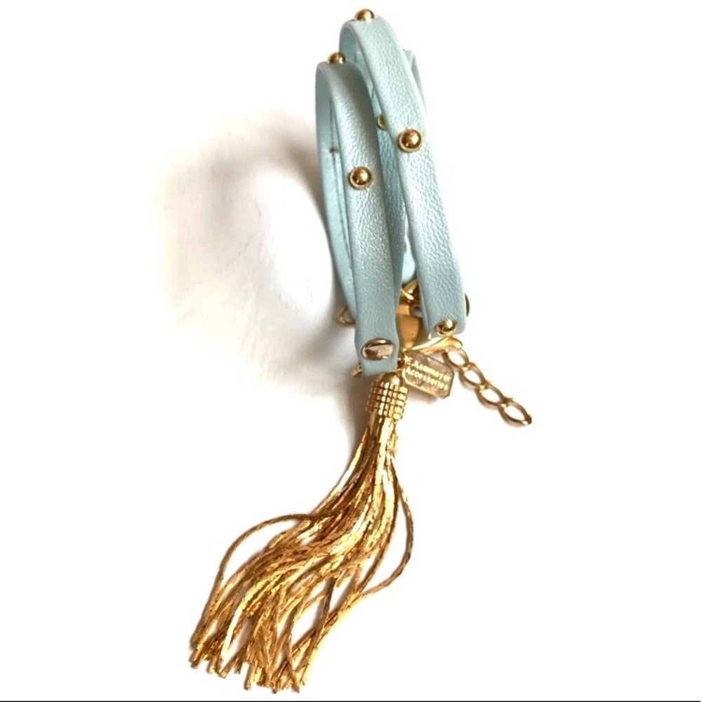 AQUA LEATHER TRIPLE WRAP BRACELET STUDS TASSEL